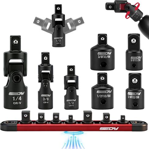 Universal Joint Socket Reducer Set: 7-Piece Impact Wobble U Joint & Adapter Set with Magnetic Aluminum Storage Rail Premium Cr-V Steel 1/4", 3/8" & 1/2" Drive U Joint and Adapter Set in Kuwait