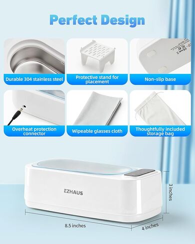 منظف ​​المجوهرات بالموجات فوق الصوتية، منظف احترافي بالموجات فوق الصوتية 48 كيلو هرتز مع عرض الوظائف، آلة تنظيف المجوهرات بالموجات فوق الصوتية 30 وات للقلائد والنظارات وأطقم الأسنان وما إلى ذلك (تتضمن حقيبة تخزين) in Kuwait