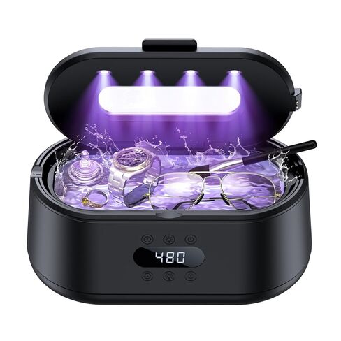 منظف ​​المجوهرات بالموجات فوق الصوتية، آلة التنظيف بالموجات فوق الصوتية 50 كيلو هرتز، أوضاع مزدوجة وشاشة LED، 5 أوضاع تنظيف، منظف صوتي 24 وات للمجوهرات والنظارات والساعات والخواتم وحزام الساعة وأطقم الأسنان (أبيض) in Kuwait