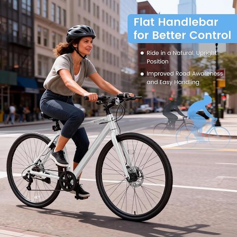 دراجة هجينة 700C للبالغين، دراجة خفيفة الوزن من الألومنيوم للركاب في المدينة، دراجة لياقة حضرية بـ 8 سرعات للرجال والنساء، فرامل قرصية مزدوجة، مقود مستقيم، مصابيح أمامية LED وعاكسات in Kuwait