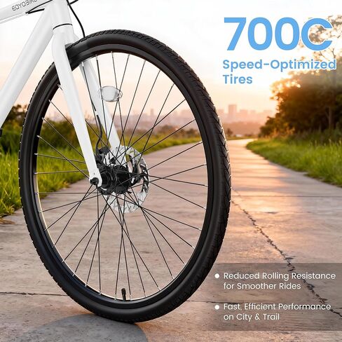 دراجة هجينة 700C للبالغين، دراجة خفيفة الوزن من الألومنيوم للركاب في المدينة، دراجة لياقة حضرية بـ 8 سرعات للرجال والنساء، فرامل قرصية مزدوجة، مقود مستقيم، مصابيح أمامية LED وعاكسات in Kuwait