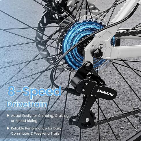 دراجة هجينة 700C للبالغين، دراجة خفيفة الوزن من الألومنيوم للركاب في المدينة، دراجة لياقة حضرية بـ 8 سرعات للرجال والنساء، فرامل قرصية مزدوجة، مقود مستقيم، مصابيح أمامية LED وعاكسات in Kuwait