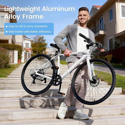 دراجة هجينة 700C للبالغين، دراجة خفيفة الوزن من الألومنيوم للركاب في المدينة، دراجة لياقة حضرية بـ 8 سرعات للرجال والنساء، فرامل قرصية مزدوجة، مقود مستقيم، مصابيح أمامية LED وعاكسات in Kuwait