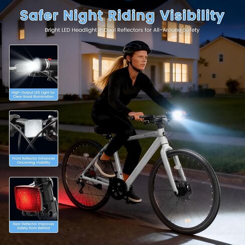 دراجة هجينة 700C للبالغين، دراجة خفيفة الوزن من الألومنيوم للركاب في المدينة، دراجة لياقة حضرية بـ 8 سرعات للرجال والنساء، فرامل قرصية مزدوجة، مقود مستقيم، مصابيح أمامية LED وعاكسات in Kuwait