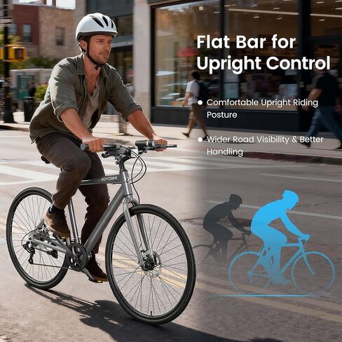 دراجة MOPHOTO الهجينة للبالغين، دراجة ركاب في المدينة 700C، إطار من الألومنيوم خفيف الوزن، دراجة لياقة بدنية حضرية 8 سرعات للرجال والنساء، فرامل قرصية مزدوجة، مقود مسطح مستقيم، مصباح أمامي LED وعاكسات in Kuwait