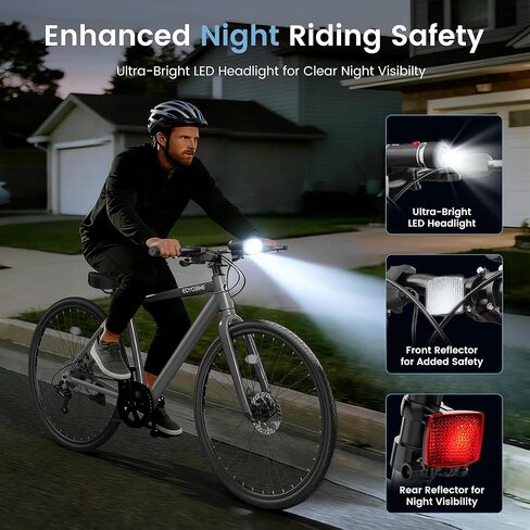 دراجة MOPHOTO الهجينة للبالغين، دراجة ركاب في المدينة 700C، إطار من الألومنيوم خفيف الوزن، دراجة لياقة بدنية حضرية 8 سرعات للرجال والنساء، فرامل قرصية مزدوجة، مقود مسطح مستقيم، مصباح أمامي LED وعاكسات in Kuwait