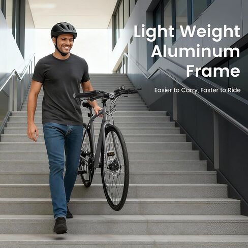 دراجة MOPHOTO الهجينة للبالغين، دراجة ركاب في المدينة 700C، إطار من الألومنيوم خفيف الوزن، دراجة لياقة بدنية حضرية 8 سرعات للرجال والنساء، فرامل قرصية مزدوجة، مقود مسطح مستقيم، مصباح أمامي LED وعاكسات in Kuwait