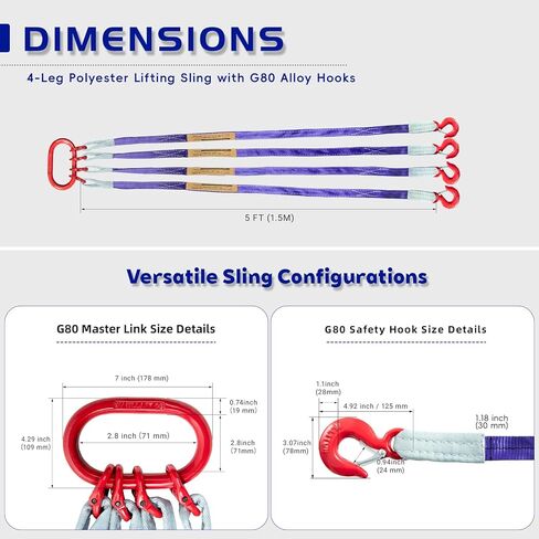 Industrial-Grade 5 ft (1.5m) Polyester Lifting Sling – 8,800 lbs (4 Ton) Capacity, 4 Legs, 6:1 Safety Ratio, G80 Hooks – Heavy-Duty, Durable, and Safe for Rigging and Overhead Lifting in Saudi Arabia