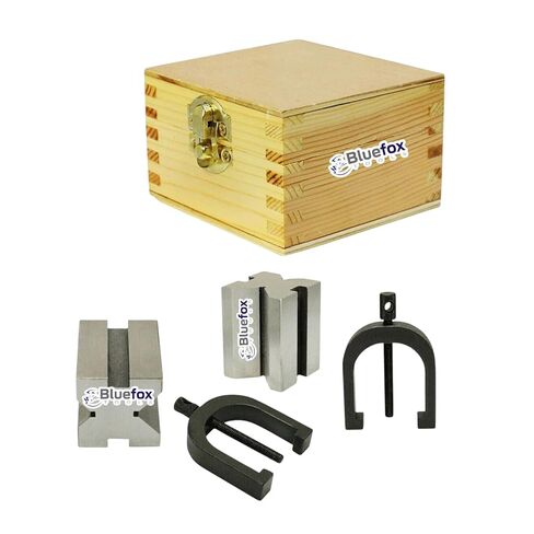 Steel Vee Block with Clamp Set - 2'' x 1/2'' x 1/2'' - Precision 90° Angle V-Blocks for Accurate Machining - Hardened Chrome Steel, Max Diameter 1-1/2'' - Includes Wooden Storage Box in Kuwait