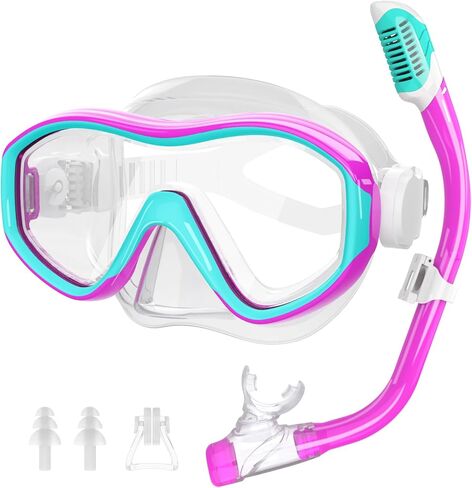 Kids Mask Snorkel Set for Age 5-15,Dry Top Snorkeling Gear for Kids Boys Girls Junior & Youth, Tempered Glass Snorkel Mask with Fins for Swimming Snorkeling in Saudi Arabia