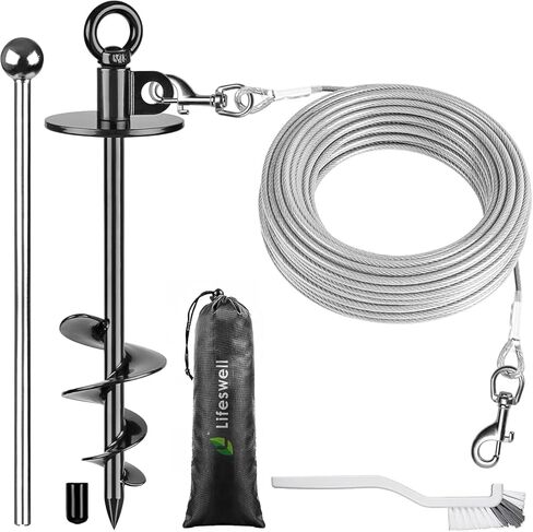 16 Inch Dog Tie Out Stake, Heavy Duty Screw in Anchor for Dogs up to 220lbs, 360° Swivel, No Tangle, Double-Sided Welded Spiral Ground Anchor for Yard, Camping, and Beach in Kuwait