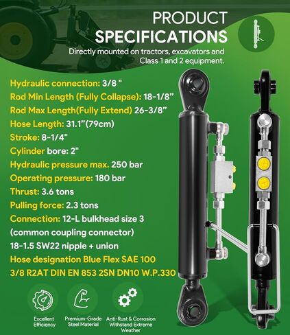 Hydraulic Top Link Cat. 1-1 (18 1/8" - 26 3/8", 3/4" Hole) with Locking Block with 2 x Hose, SPH320032 2-Way Check Valve Hydraulic Cylinder for Tractor Excavators and Class 1& 2 Equipment in Saudi Arabia