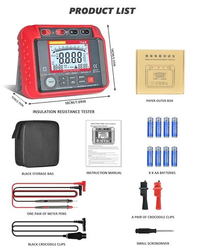 جهاز اختبار مقاومة العزل 250 فولت - 2500 فولت، مقياس ميغا أوم 1MΩ-200GΩ لاختبار العزل، مقياس ميجا أوم كهربائي مع شاشة LCD بإضاءة خلفية، تخزين بيانات 100، جهد الخرج، 10 فولت ~ 600 فولت تيار متردد/تيار مستمر الفولتميتر in Kuwait