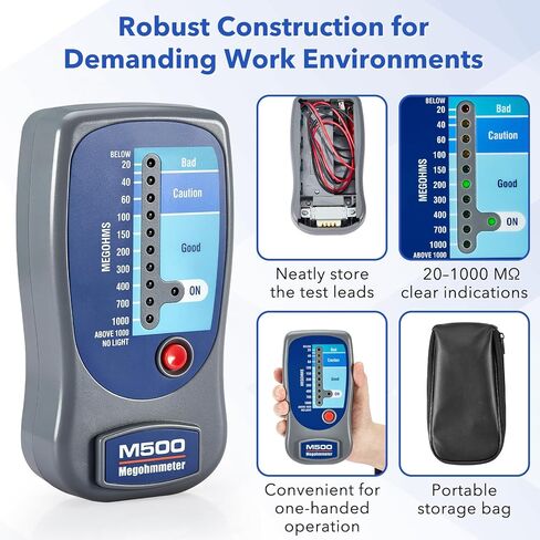 M500 Electronic Megohmmeter, Insulation Teste with Soft Carrying Case, 1000 Megohms at 500 V, for Motors, HVAC, Wiring in Kuwait