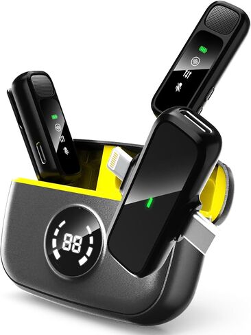 ميكروفون Lavalier لاسلكي لأجهزة iPhone/Android - ميكروفون مزدوج صغير لإلغاء الضوضاء مع علبة شحن (30 ساعة)، ميكروفون بمشبك USB-C/Lightning لتسجيل الفيديو وبث المدونات الصوتية (أسود) in Kuwait