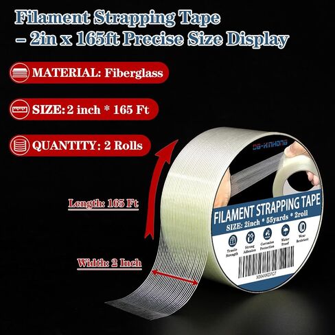 2 Rolls Filament Strapping Tape, 2'' x 55yds x 5.5mil Reinforced Fiberglass Heavy Duty Packing Strips,Resistant for Shipping Fixing and Protection,Sealing,Waterproof in Saudi Arabia