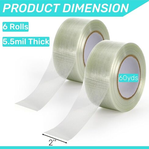 6 Rolls Filament Strapping Tape, 2'' x 60yds x 5.5mil Reinforced Fiberglass Tapes, Heavy-Duty Packing Tape for Shipping, Moving, Industrial, No Residue, Water-Proof in Saudi Arabia