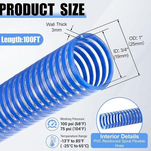 Pangda PVC Suction Hose 3/4" x 100 ft Blue Reinforced Spiral Low Temperature Flexible Industrial & Agricultural Discharge Hose for Water Pump, 90 Psi Max Pressure in Saudi Arabia