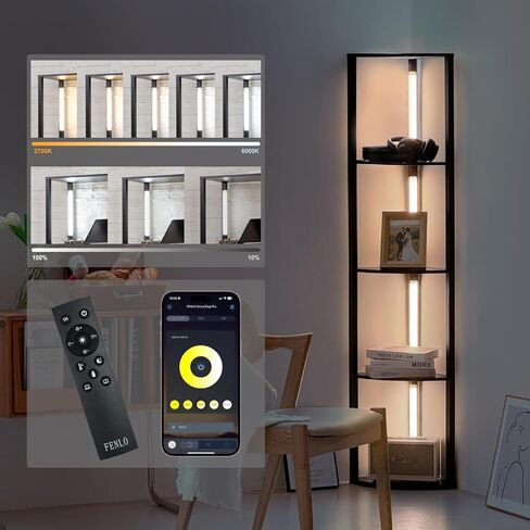 FENLO LED Display Shelf Floor Lamp with Wooden Shelves – Adjustable Lighting with App & Remote – Modern Wide Shelf Lamp for Living Room, Office, or Bedroom Fancy Plus Pro in Kuwait