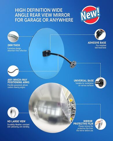 17.3" Wide‑Angle HD Convex Mirror with Crab Clamp Base - Acrylic Safety Security Traffic Corner Mirror, Round Frameless Observation Mirror for Garage, Driveway, Warehouse, Office, Store - Clamp-Mount in Saudi Arabia