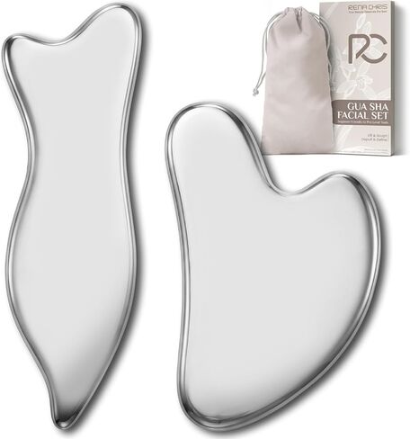 مجموعة غوا شا من الفولاذ المقاوم للصدأ من رينا كريس، أداة غواشا لتدليك الوجه والجسم، أدوات تدليك غوا شا والوخز بالإبر لنحت الفك وانتفاخ العين وتخفيف العضلات (عبوتان) in Kuwait