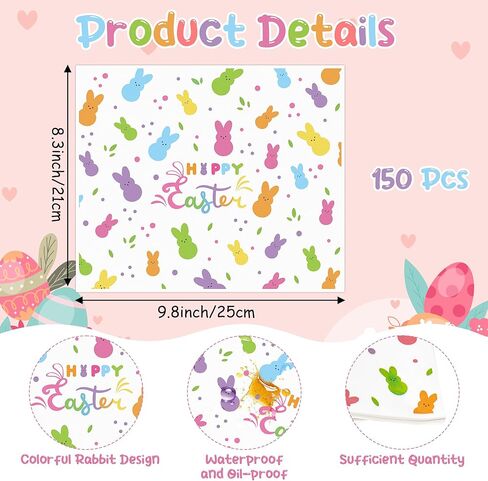 ورقة شمع عيد الفصح من GROBRO7 - 150 قطعة من أوراق ديلي بنمط الأرنب الملون، 9.8 × 8.3 بوصة مقاومة للدهون ومضادة للماء ويمكن التخلص منها لتغليف الطعام للاستعمال مرة واحدة لبطانة سلة النزهة للساندويتش ومستلزمات حفلات الخبز في المطبخ in Kuwait