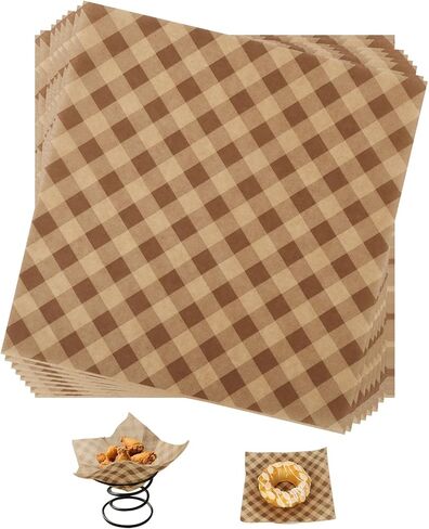 100pcs Waxed Deli Paper Sheets, 7.1x7.1 in Greaseproof Food Basket Liners Squares Checkered Sandwich & Burger Wraps Tray Parchment Liners for Serving Food Picnics Restaurants (Brown) in Saudi Arabia
