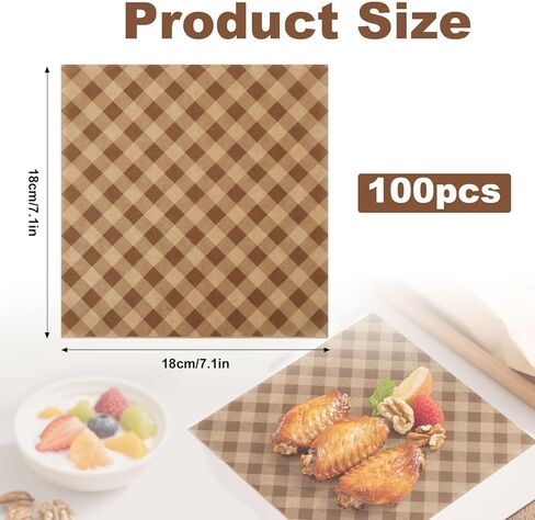 100pcs Waxed Deli Paper Sheets, 7.1x7.1 in Greaseproof Food Basket Liners Squares Checkered Sandwich & Burger Wraps Tray Parchment Liners for Serving Food Picnics Restaurants (Brown) in Saudi Arabia