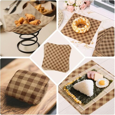 100pcs Waxed Deli Paper Sheets, 7.1x7.1 in Greaseproof Food Basket Liners Squares Checkered Sandwich & Burger Wraps Tray Parchment Liners for Serving Food Picnics Restaurants (Brown) in Saudi Arabia