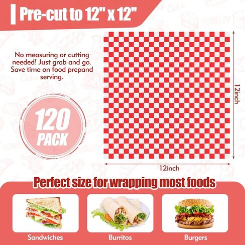 120pcs Wax Paper Sheets for Food, 12x12" Grease Proof Sandwich Wrapping Paper, Premium Deli Paper Sheets, Pre Cut Checkered Food Basket Liners for BBQ, Picnic, Festival, Fair by Neyimqr in Kuwait