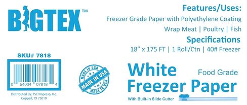 White Freezer Paper 18 inch x 175 feet, 2" Core, 1 Roll, 40lb. Big Tex by ALLIANCE – Food Grade Paper W/Side Cutter, Made in the USA in Saudi Arabia