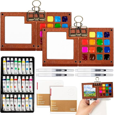 9Pcs Mini Watercolor Paint Set, Mini Painting Kit Contain Boards, Paint, Notebook and Pens, Travel Watercolor Set for Painters, Artists, Students in Saudi Arabia
