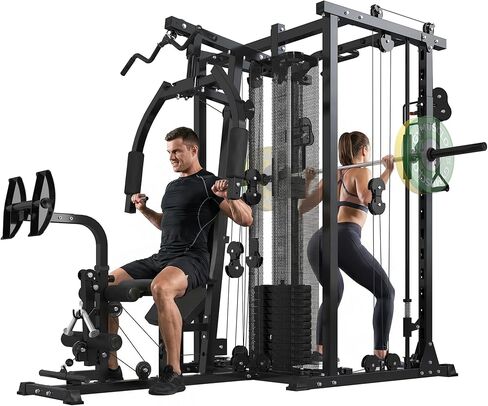 Multi-Functional Home Gym Workout Equipment, All-in-One Smith Machine w/150lbs Weight Stack&Cable Crossover, Leg Press, PEC Fly, LAT, Squat, Heavy Duty Full Body Training for Family, Black in Saudi Arabia