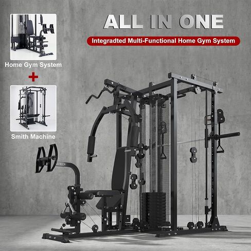 Multi-Functional Home Gym Workout Equipment, All-in-One Smith Machine w/150lbs Weight Stack&Cable Crossover, Leg Press, PEC Fly, LAT, Squat, Heavy Duty Full Body Training for Family, Black in Saudi Arabia