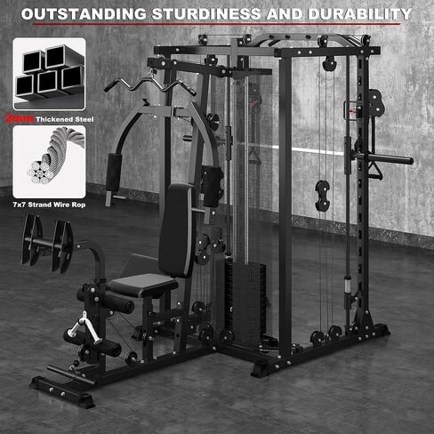 Multi-Functional Home Gym Workout Equipment, All-in-One Smith Machine w/150lbs Weight Stack&Cable Crossover, Leg Press, PEC Fly, LAT, Squat, Heavy Duty Full Body Training for Family, Black in Saudi Arabia