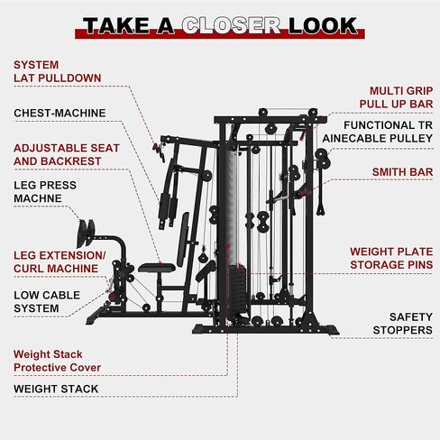 Multi-Functional Home Gym Workout Equipment, All-in-One Smith Machine w/150lbs Weight Stack&Cable Crossover, Leg Press, PEC Fly, LAT, Squat, Heavy Duty Full Body Training for Family, Black in Saudi Arabia