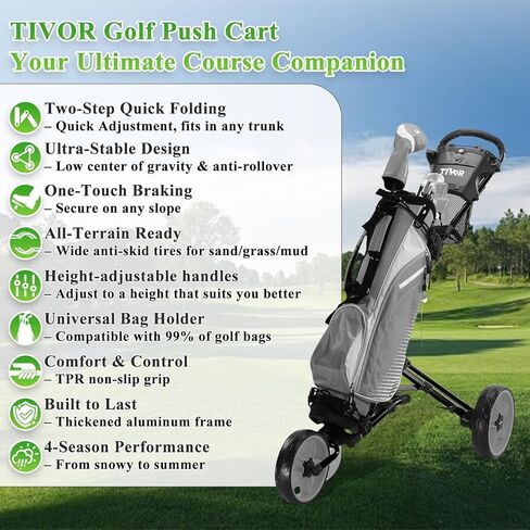 Tivor Lightweight Golf Push cart 3 Wheel,Foldable Golf Trolley for Adults and Junior with Ergonomic Adjustable Handle, Scorecard Holder, Umbrella Mount, Foot Brake, All-Terrain Wheels in Saudi Arabia