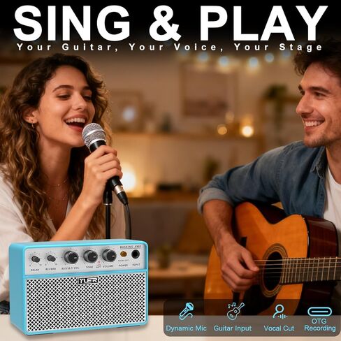يوير مضخم جيتار صوتي صغير 10 وات صوتي وجيتار أمبير مع تأخير رقمي/تأثير ترددي محمول جيتار أمبير بلوتوث مكبر صوت سماعة رأس جاك/OTG للتسجيل والتمرين والسفر مع حقيبة حمل in Kuwait