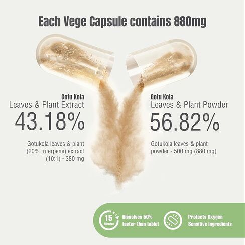 Herbsforever Gotu Kola (Centella Asiatica)-Extra Strength(10:1) Extract Equiv. to 4300 mg Leaves & Plant Powder Per Serving Support Cognitive,Memory Focus,Calm,Skin |60Veg Capsules|800mg|Adaptogen in Kuwait