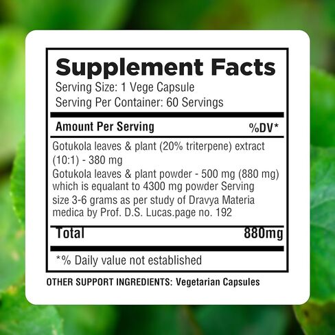 Herbsforever Gotu Kola (Centella Asiatica)-Extra Strength(10:1) Extract Equiv. to 4300 mg Leaves & Plant Powder Per Serving Support Cognitive,Memory Focus,Calm,Skin |60Veg Capsules|800mg|Adaptogen in Kuwait