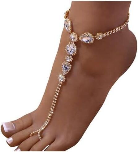 1 زوج الصيف شاطئ حجر الراين صنادل بيرفوت سلسلة القدم مع خاتم اصبع القدم كريستال الخلخال سوار الزفاف الزفاف حجر الراين خلخال سلسلة القدم مجوهرات للنساء in Kuwait
