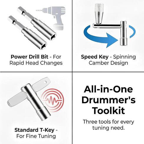 Drum Key Set, Professional Drum Tuning Kit with Drill Bit Adapter, Continuous Motion Speed Key & 2 Standard Keys - Universal Fit for All Standard Tension Rods - Chrome in Saudi Arabia
