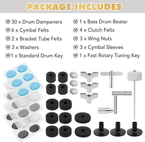 Drum Accessories Set: 30PCS Drum Dampeners Gels + Bass Drum Beater + Drum Keys + Cymbal Replacement Accessories Include Cymbal Felts, Cymbal Sleeves, Wing Nuts, Washers in Saudi Arabia