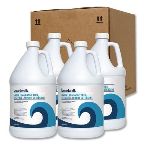 Boardwalk Liquid Fragrance-Free, Dye-Free Laundry Detergent, 4-pack (1) Gallon Bottles, Unscented, No Pphosphorous, APE, NPE or EDTA, Low Environmental Impact, Made in the USA in Saudi Arabia