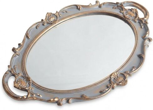Schonee Oval Vintage Decorative Mirror Tray, Jewelry Dresser Organizer Tray, Cosmetics Makeup Storage Organizer, Serving Tray (9.8"x 14.6") White in Kuwait