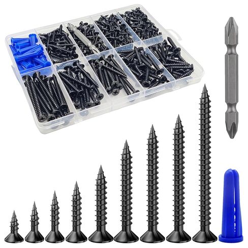 (385PCS) Flat Head Black Wood Screws, Quick Metal self Tapping Flat Head, Equipped with Dry Wall Plastic Anchor kit. in Saudi Arabia