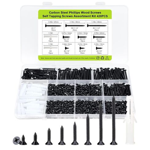 #4 Flat Head Small Wood Screws Assortment kit 420Pcs, Black Phillips Short Screw, Carbon Steel, Cabinet Hinge Mounting, Electronics DIY Micro Screws Fasteners Set, Contains 20pcs M6 Screw Anchors in Saudi Arabia
