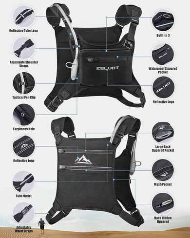 سترة جري مع مثانة مياه سعة 1 لتر، براءة اختراع أمريكية أصلية، سترة ترطيب عاكسة قابلة للتعديل، حزمة صدر خفيفة الوزن للرجال والنساء للمشي لمسافات طويلة وركوب الدراجات (أسود، M/L) in Kuwait