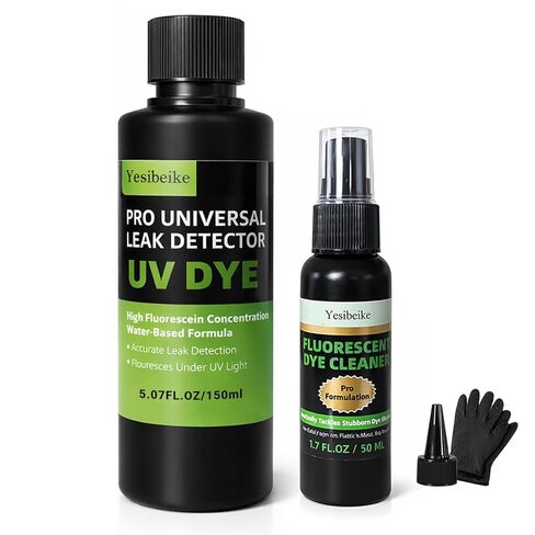 Automotive UV Leak Detector Dye Kit, 150ml High Visibility Tracer for Radiator Coolant Systems Hose Heater Core Water Pump and AC, Includes Dye Cleaner and Gloves in Kuwait