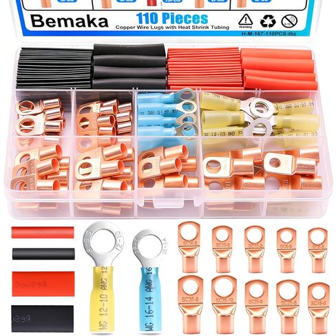 110Pcs Copper Wire Lugs Kit, Battery Terminal Connectors AWG 2 4 6 8 10 12 14 16 Gauge Heavy Duty Battery Cable Ends Ring Terminal Wire Connectors Kit with Heat Shrink Tubing in Kuwait